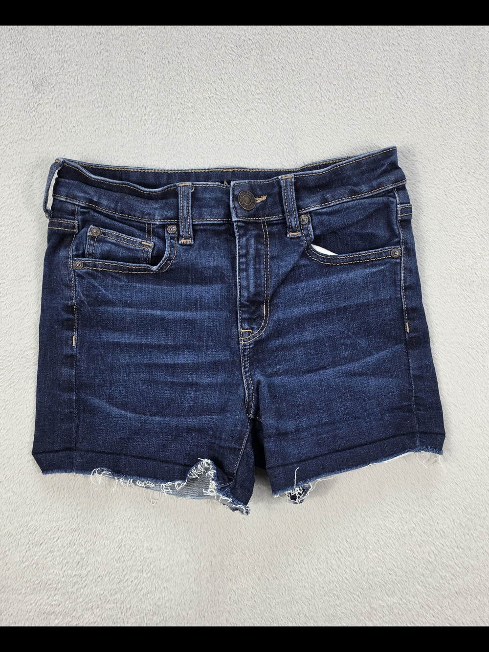 American Eagle Hi Rise Shortie Denim Shorts Women’s Size 4 Dark Wash Raw Hem Str